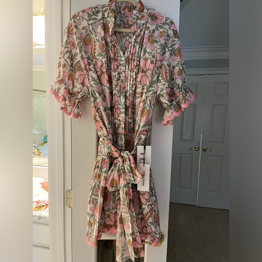 Juliet Dunn/London. Precious floral dress with pink zig zag trim. Soft pastels